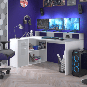 Gamer skrivebord med skuffe og 1 dør, B 160 x D 115 x H 92 cm, hvid og grå