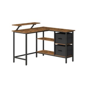 L-formet skrivebord med 2 rummelige skuffer, gaming-skrivebord med monitorholder, rustikt brun