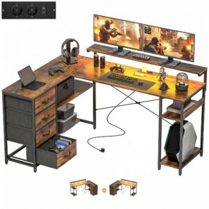 Gamingbord, L-formet, med stikkontakt, LED-belysning, 4 skuffer, skærmstativ, 155x110x91,4 cm, brun